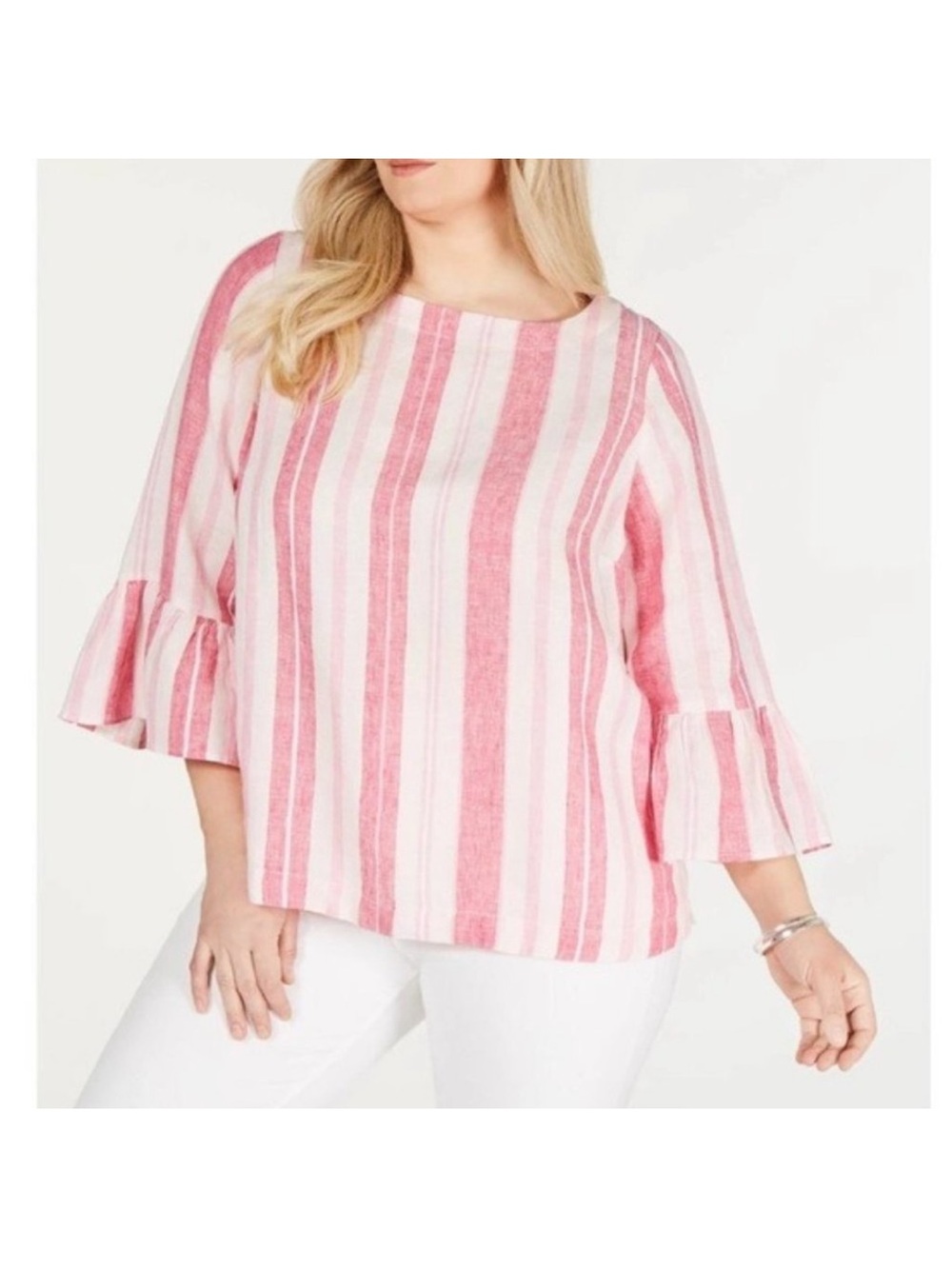 Charter Club Pink & White Striped Bell-Sleeve Top